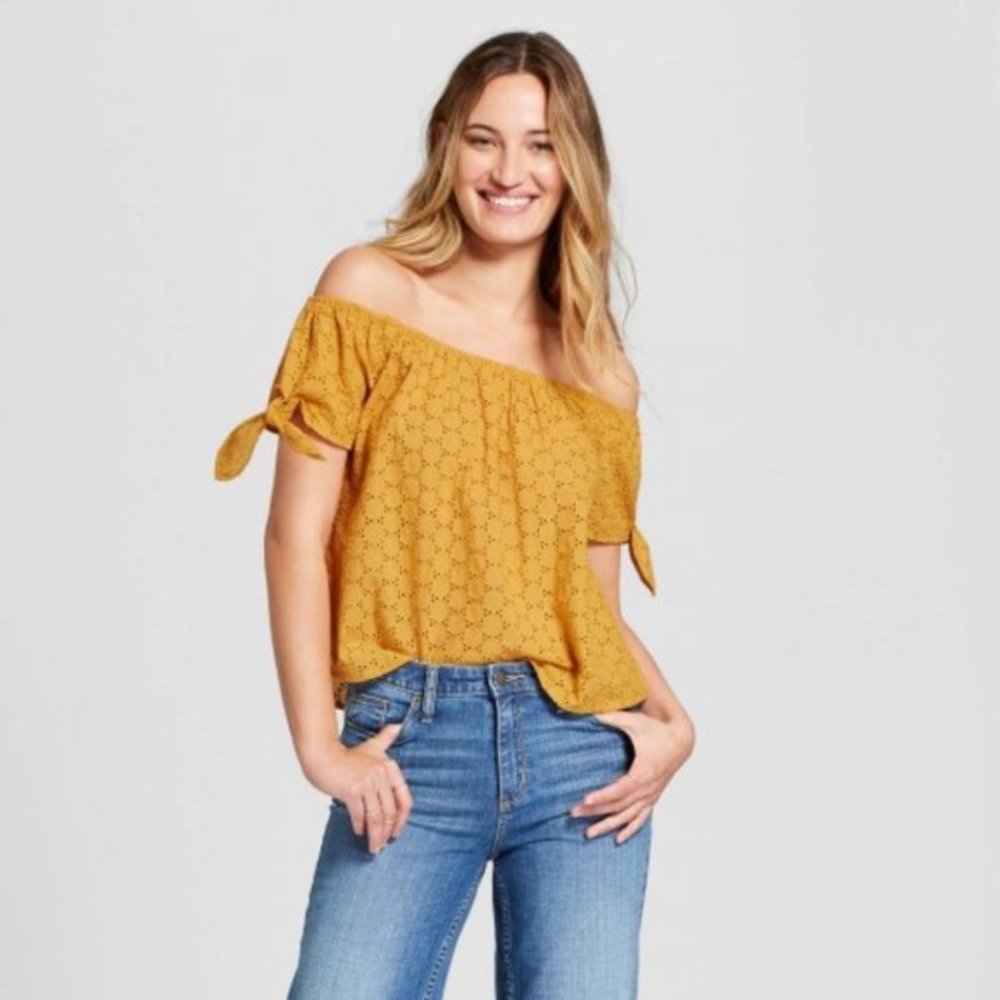 Universal Thread Mustard Eyelet Off the Shoulder Top - XS